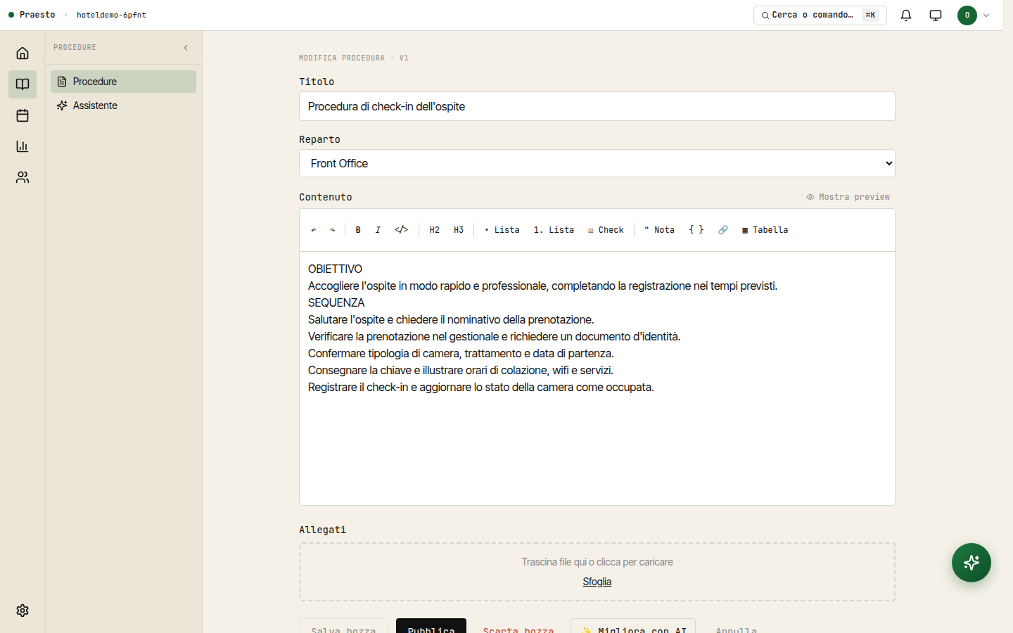 Editor SOP con lista passi